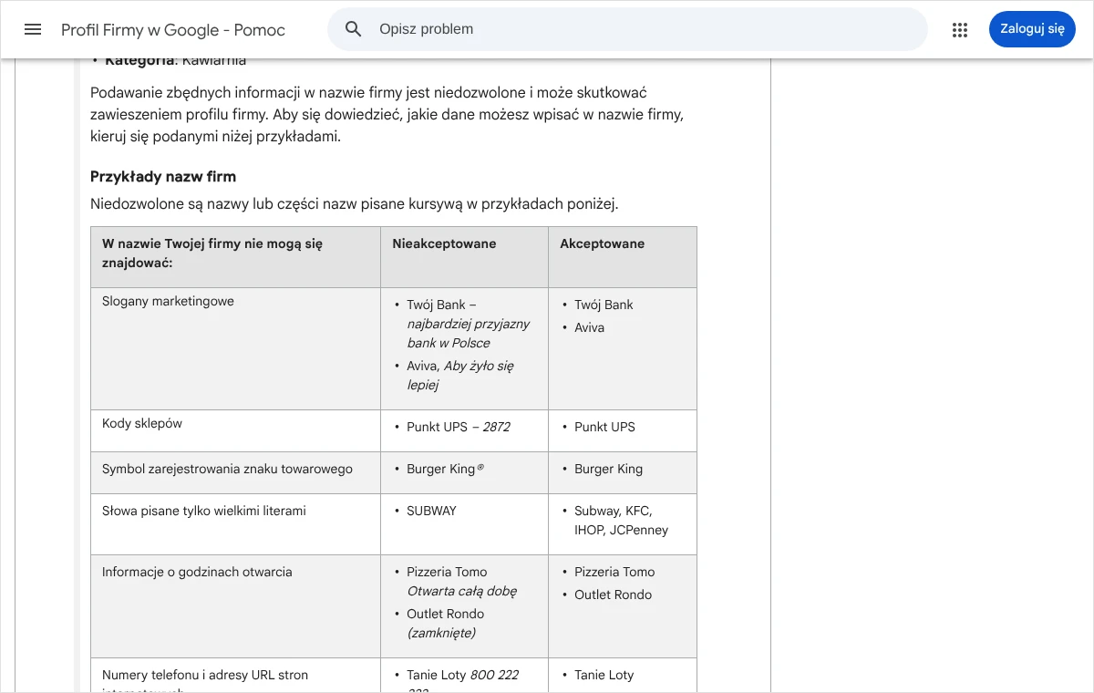 Fragment wskazówek Google z tabelą przykładów nazw firm: kolumna elementów niedozwolonych oraz kolumny nazw nieakceptowanych i akceptowanych.