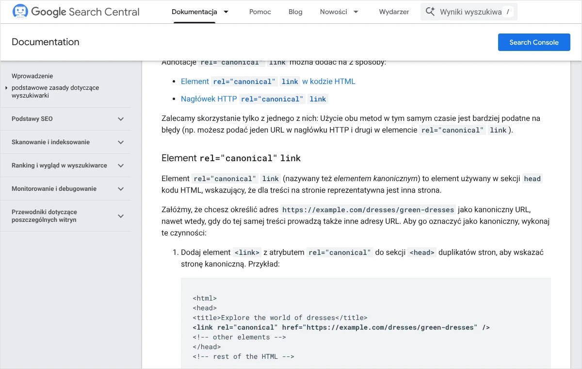 Zrzut dokumentacji Google Search Central z opisem elementu rel="canonical" i przykładem kodu z tagiem w sekcji head strony.