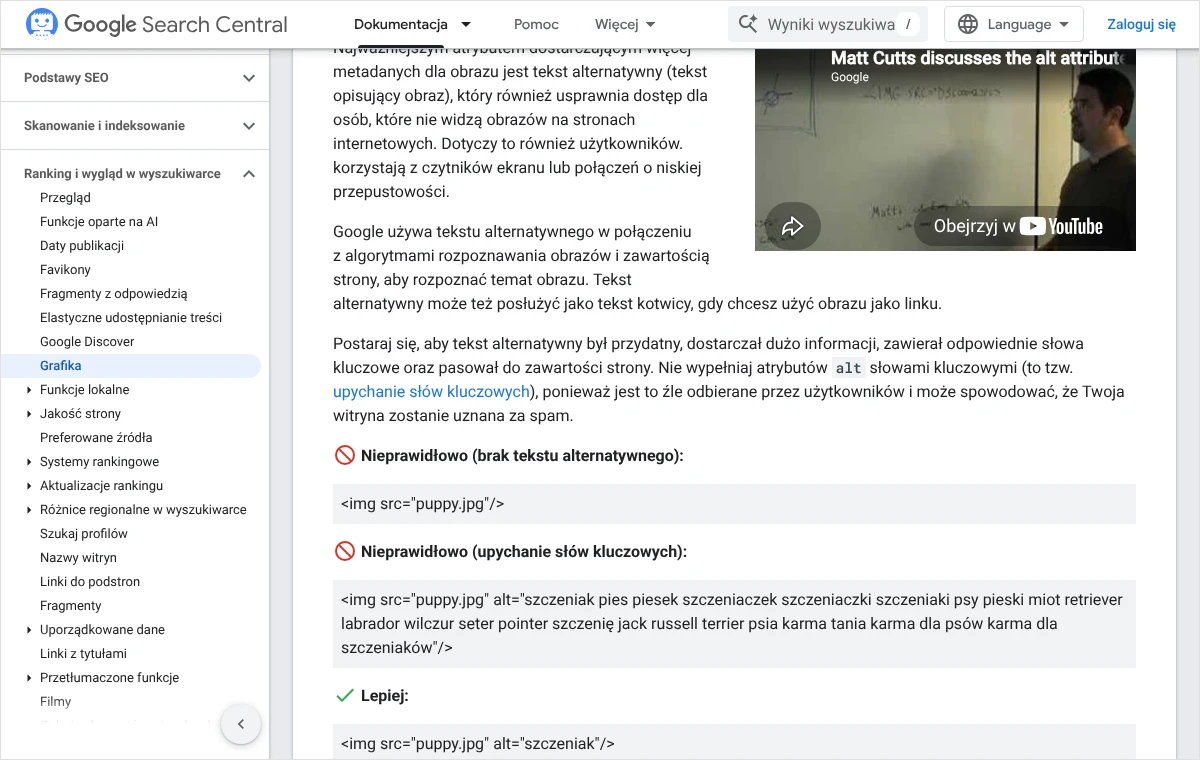 Fragment dokumentacji Google o SEO obrazów: zalecenia dotyczące tekstu alternatywnego oraz przykłady nieprawidłowych i lepszych zapisów atrybutu alt