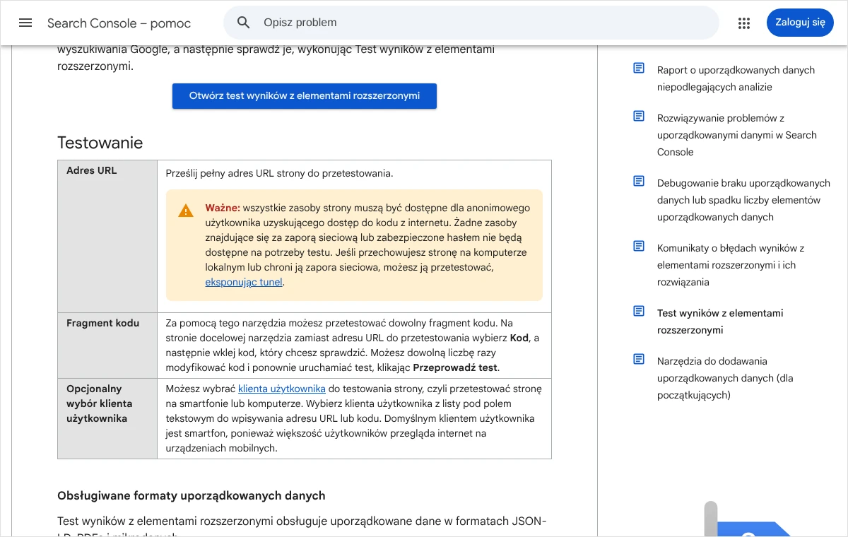 Fragment pomocy Search Console o teście wyników z elementami rozszerzonymi: tabela opisująca test adresu URL i test fragmentu kodu