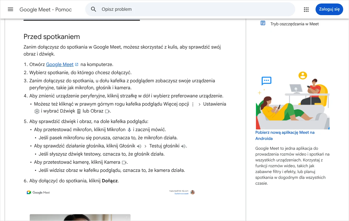 Fragment pomocy Google Meet z sekcją „Przed spotkaniem”: kroki sprawdzania mikrofonu, głośnika i kamery na kafelku podglądu przed dołączeniem.