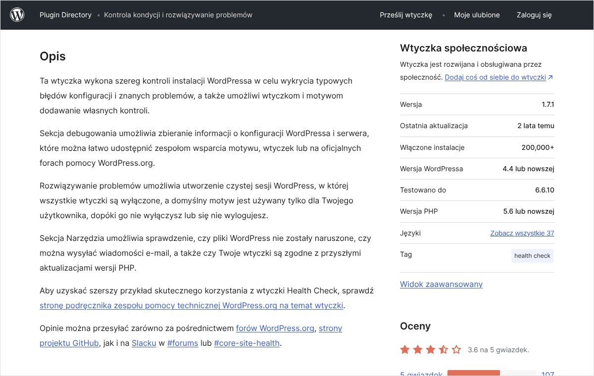 Opis wtyczki Kontrola kondycji i rozwiązywanie problemów w katalogu WordPress.org z akapitem o czystej sesji z wyłączonymi wtyczkami