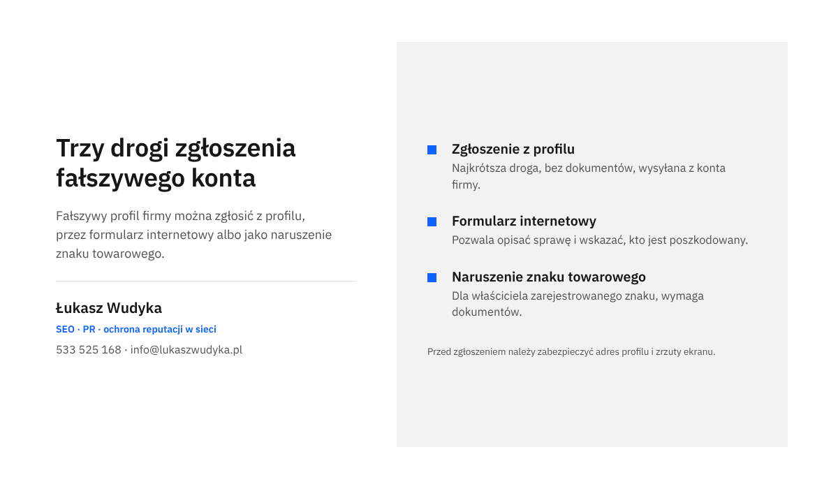 Infografika przedstawia trzy drogi zgłoszenia fałszywego konta firmy na TikToku: zgłoszenie z profilu, formularz internetowy i zgłoszenie naruszenia znaku.