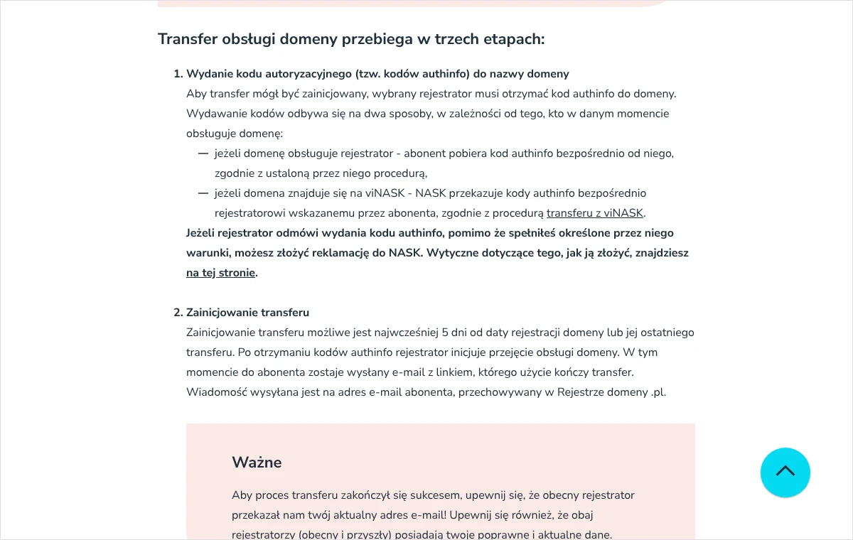 Fragment strony rejestru domeny .pl z opisem trzech etapów transferu: wydanie kodu authinfo, zainicjowanie transferu i jego zakończenie.