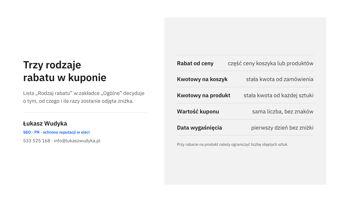 Infografika: rodzaje rabatu w kuponie WooCommerce i sposób naliczania zniżki od koszyka lub od pojedynczych sztuk