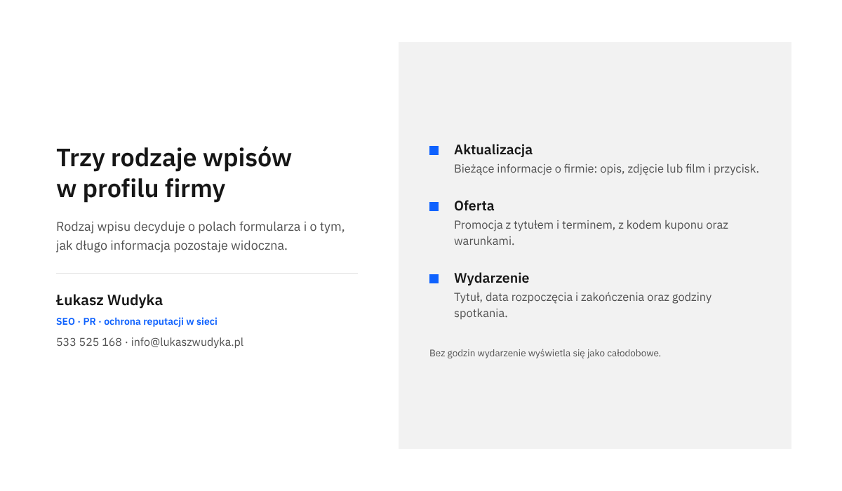 Infografika z trzema rodzajami wpisów w Profilu Firmy w Google: aktualizacja, oferta i wydarzenie, z krótkim opisem zastosowania każdego z nich