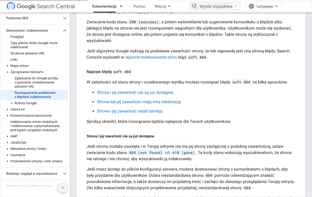 Fragment dokumentacji Google Search Central z opisem błędów soft 404, trzema drogami naprawy oraz zaleceniem zwracania kodu 404 lub 410 dla usuniętych stron