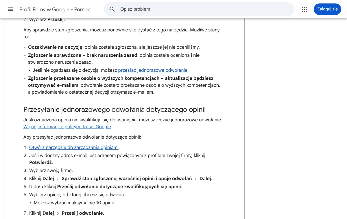 Fragment pomocy Google z opisem trzech stanów zgłoszenia opinii oraz początkiem kroków przesyłania jednorazowego odwołania w narzędziu