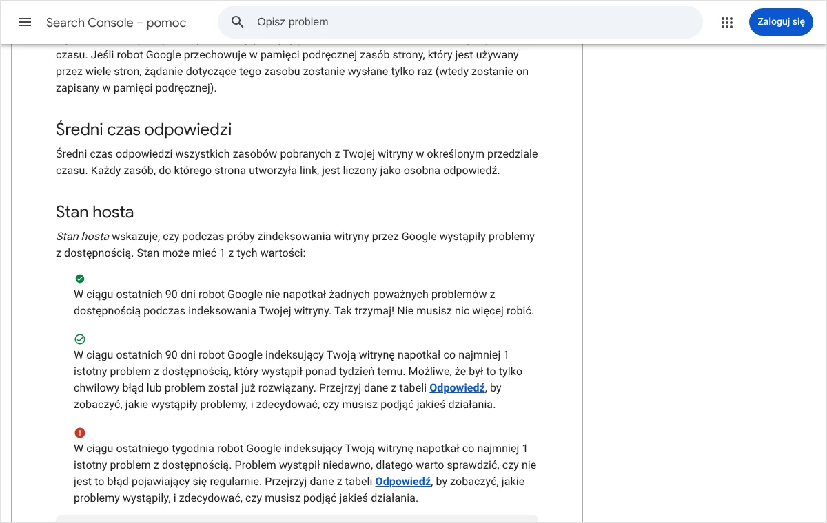 Fragment pomocy Search Console o raporcie Statystyki indeksowania: sekcja Stan hosta z trzema możliwymi wartościami i ich ikonami.
