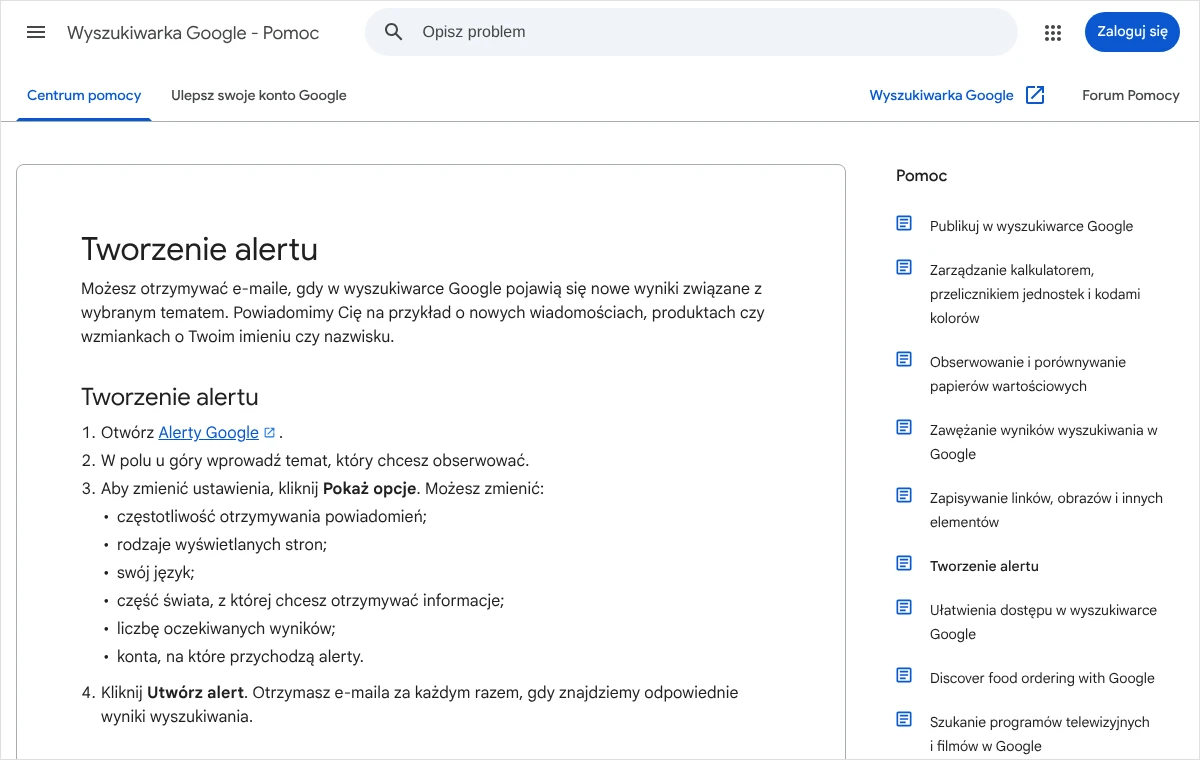 Zrzut strony pomocy wyszukiwarki Google z czterema krokami tworzenia alertu: pole tematu, Pokaż opcje i przycisk Utwórz alert.
