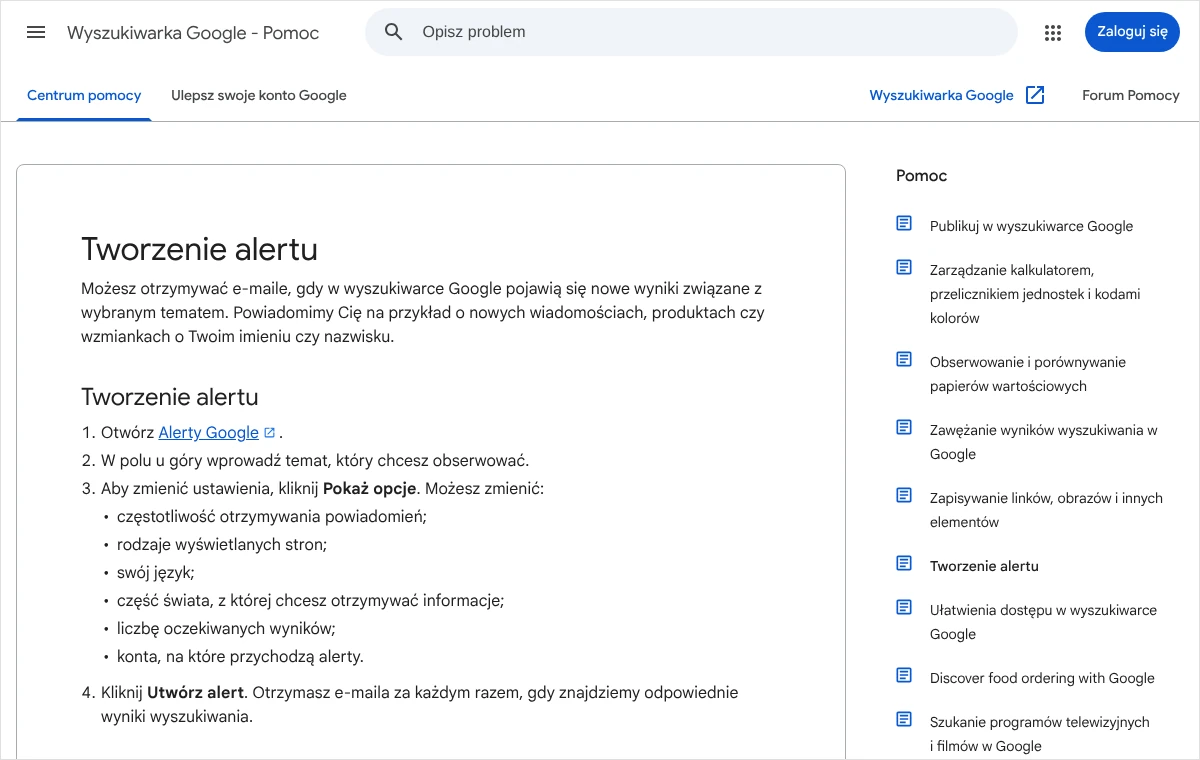 Zrzut strony pomocy wyszukiwarki Google z czterema krokami tworzenia alertu oraz listą ustawień dostępnych po kliknięciu Pokaż opcje.