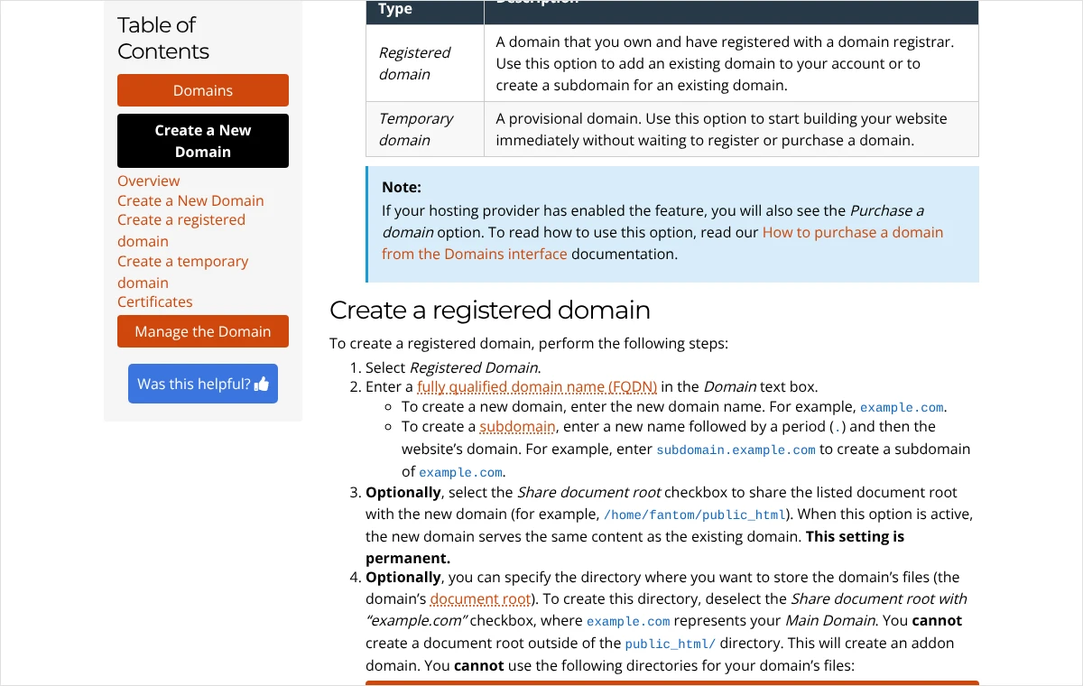 Fragment dokumentacji cPanel z krokami tworzenia domeny: pole Domain z adresem subdomeny oraz opis opcji Share document root.