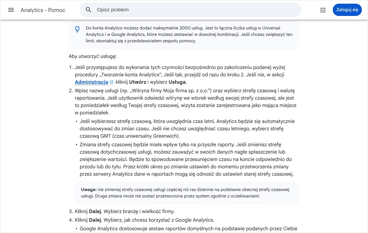 Fragment pomocy Google Analytics z krokami tworzenia usługi: nazwa usługi, wybór strefy czasowej i waluty raportowania oraz uwagi o zmianie strefy.