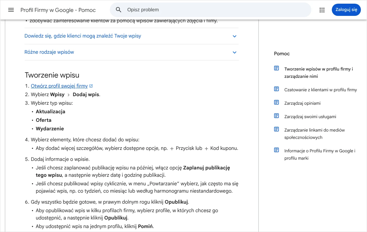 Fragment pomocy Google z krokami tworzenia wpisu: Wpisy, Dodaj wpis, wybór typu Aktualizacja, Oferta lub Wydarzenie oraz przycisk Opublikuj