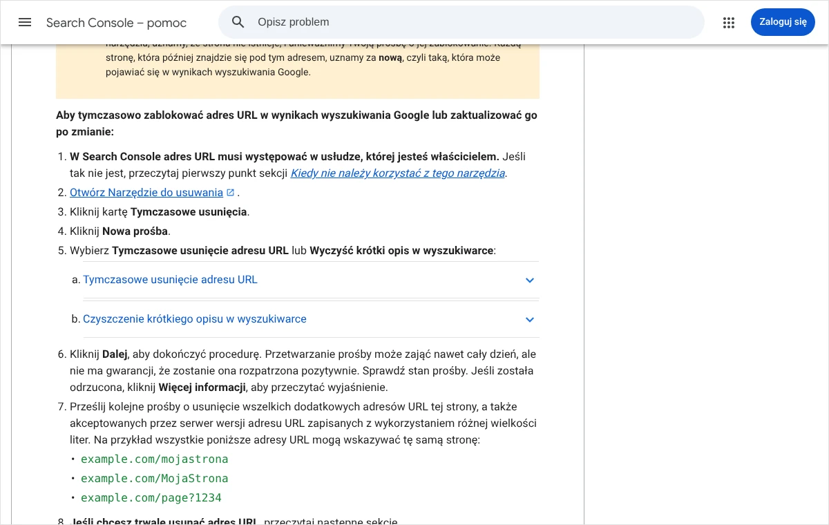 Fragment pomocy Search Console z kolejnymi czynnościami w Narzędziu do usuwania: karta Tymczasowe usunięcia, przycisk Nowa prośba i przycisk Dalej