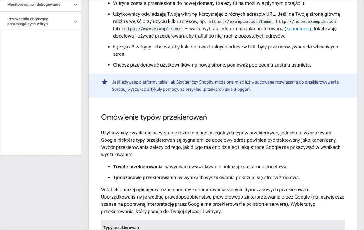 Fragment dokumentacji Google o przekierowaniach z wyjaśnieniem, że przy trwałych w wynikach pokazuje się strona docelowa, a przy tymczasowych źródłowa