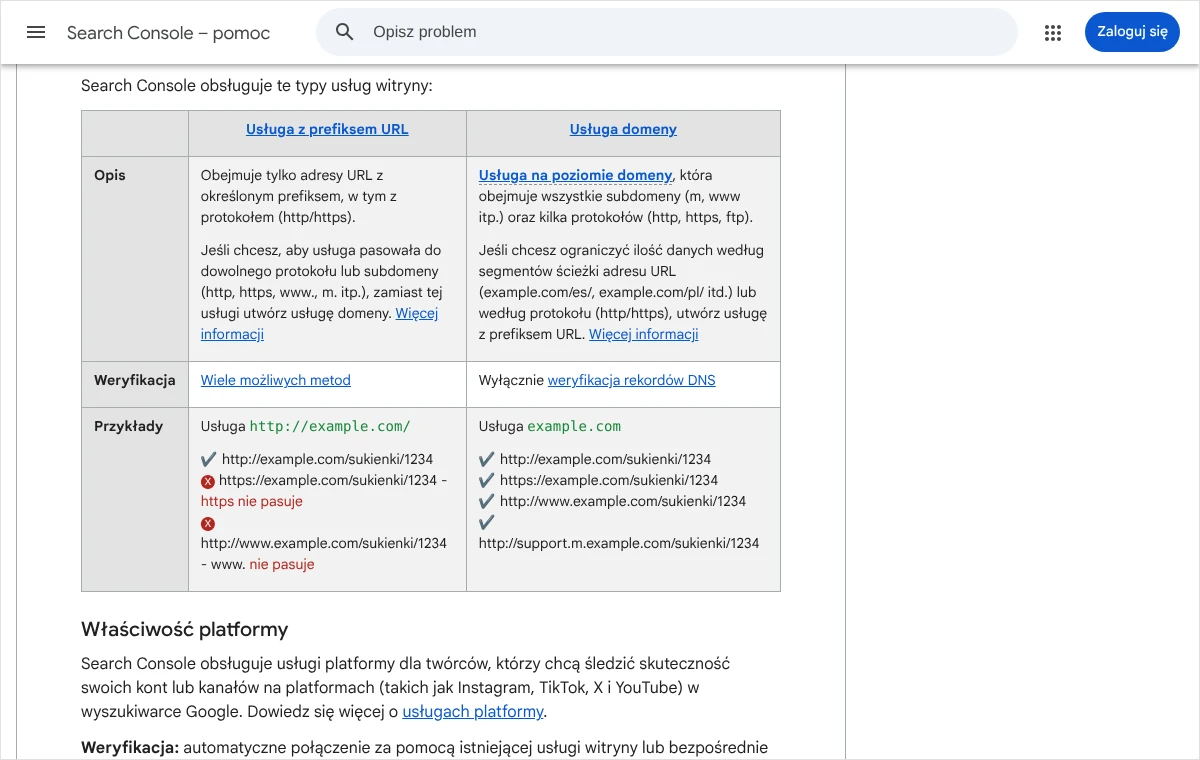 Tabela z pomocy Search Console porównująca usługę z prefiksem URL i usługę domeny, która obejmuje wszystkie subdomeny i protokoły.