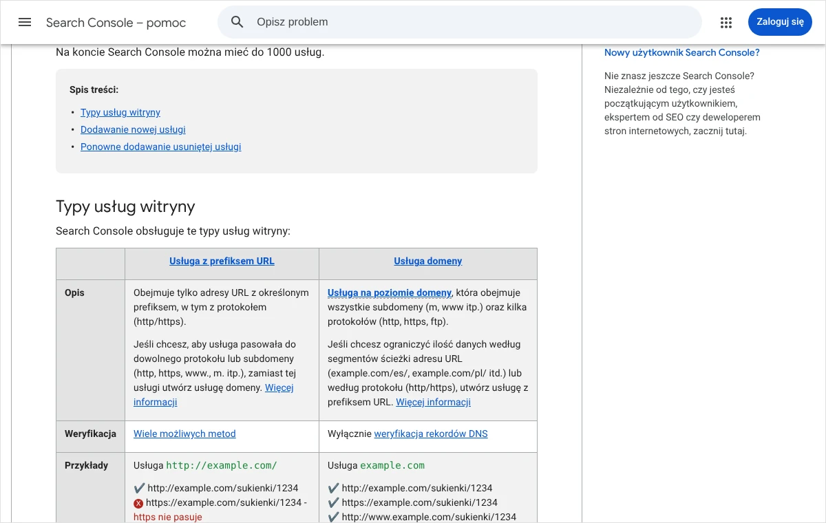 Tabela z pomocy Search Console zestawiająca usługę z prefiksem URL i usługę domeny: opis, sposób weryfikacji i przykłady obejmowanych adresów.