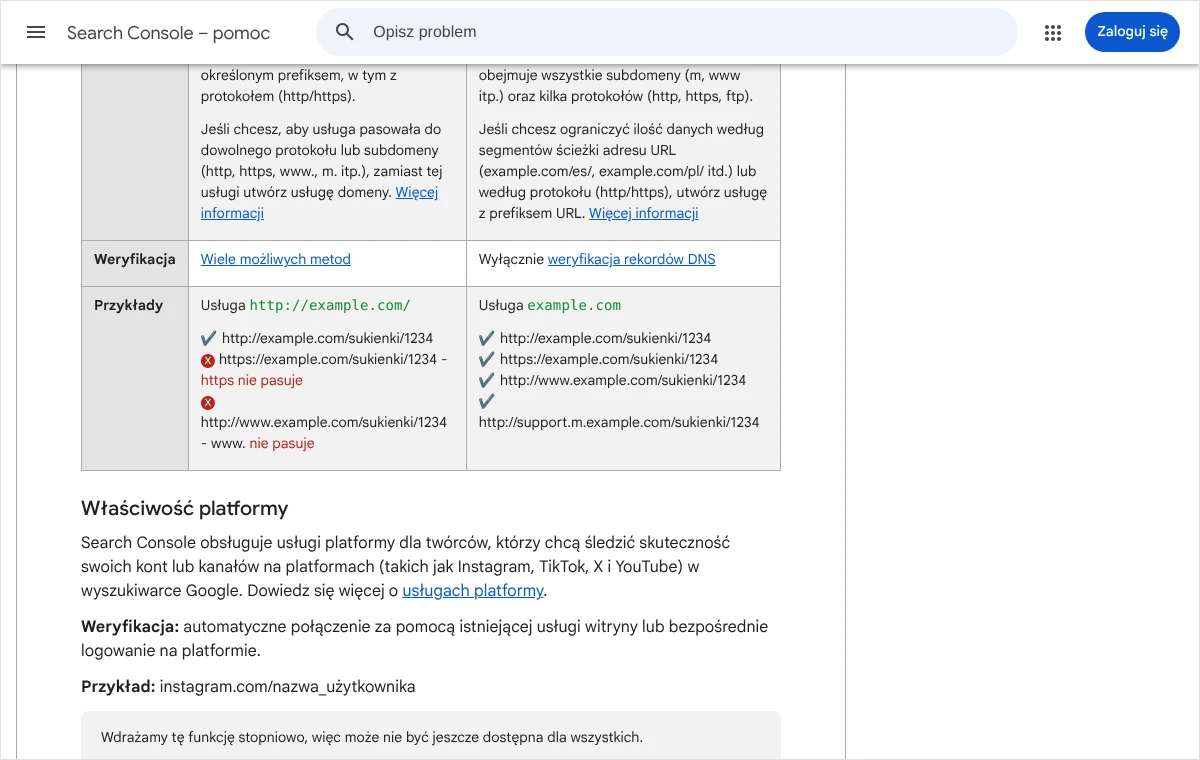 Tabela z pomocy Search Console porównująca usługę z prefiksem URL i usługę domeny: metody weryfikacji oraz przykłady adresów, które pasują lub nie pasują.