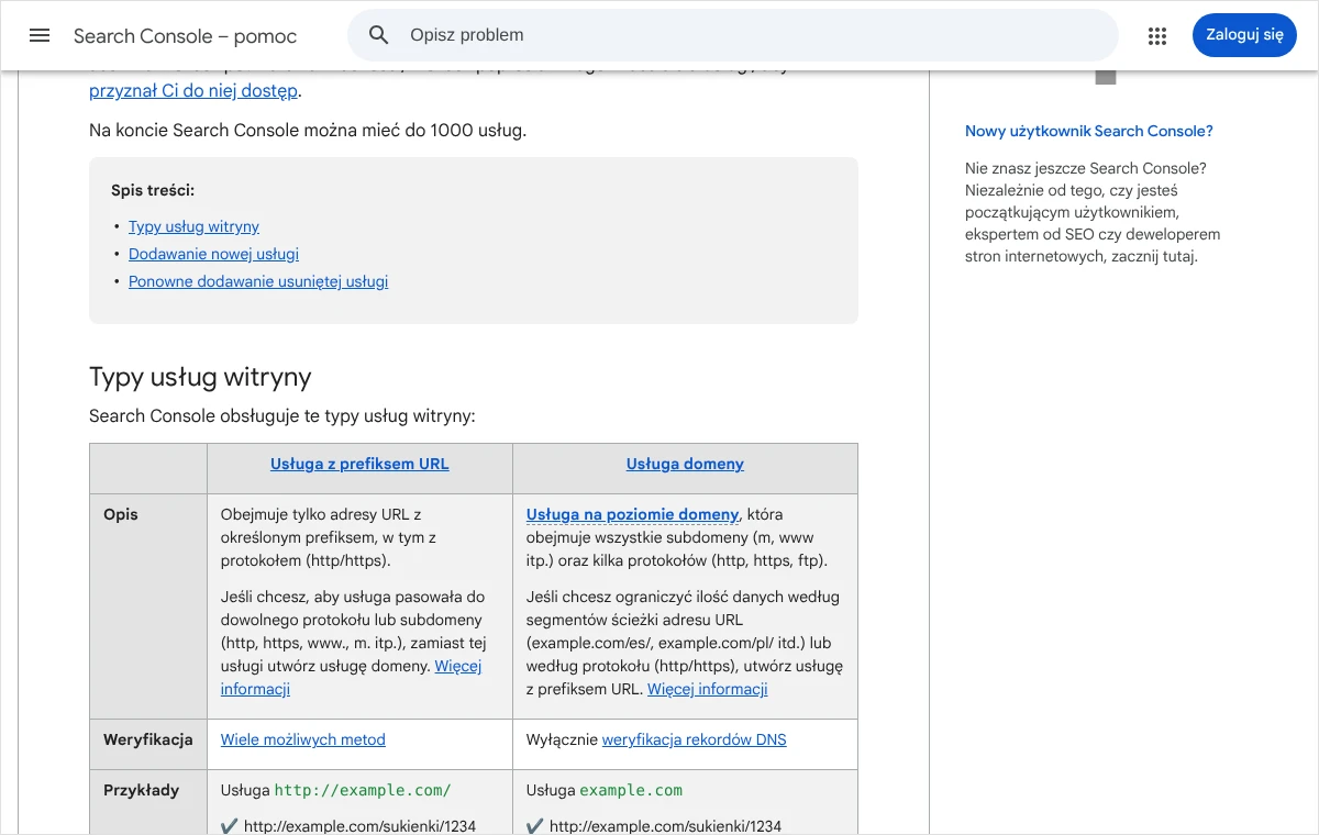 Tabela z pomocy Search Console porównująca usługę z prefiksem URL i usługę domeny: zakres adresów oraz dostępne metody weryfikacji