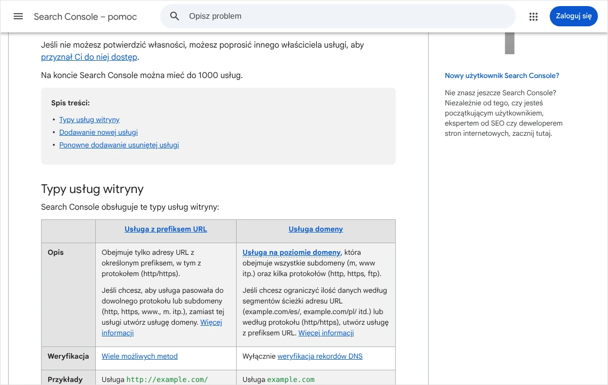 Zrzut strony pomocy Search Console z tabelą porównującą usługę z prefiksem URL i usługę domeny, w tym informacją o protokołach http i https.
