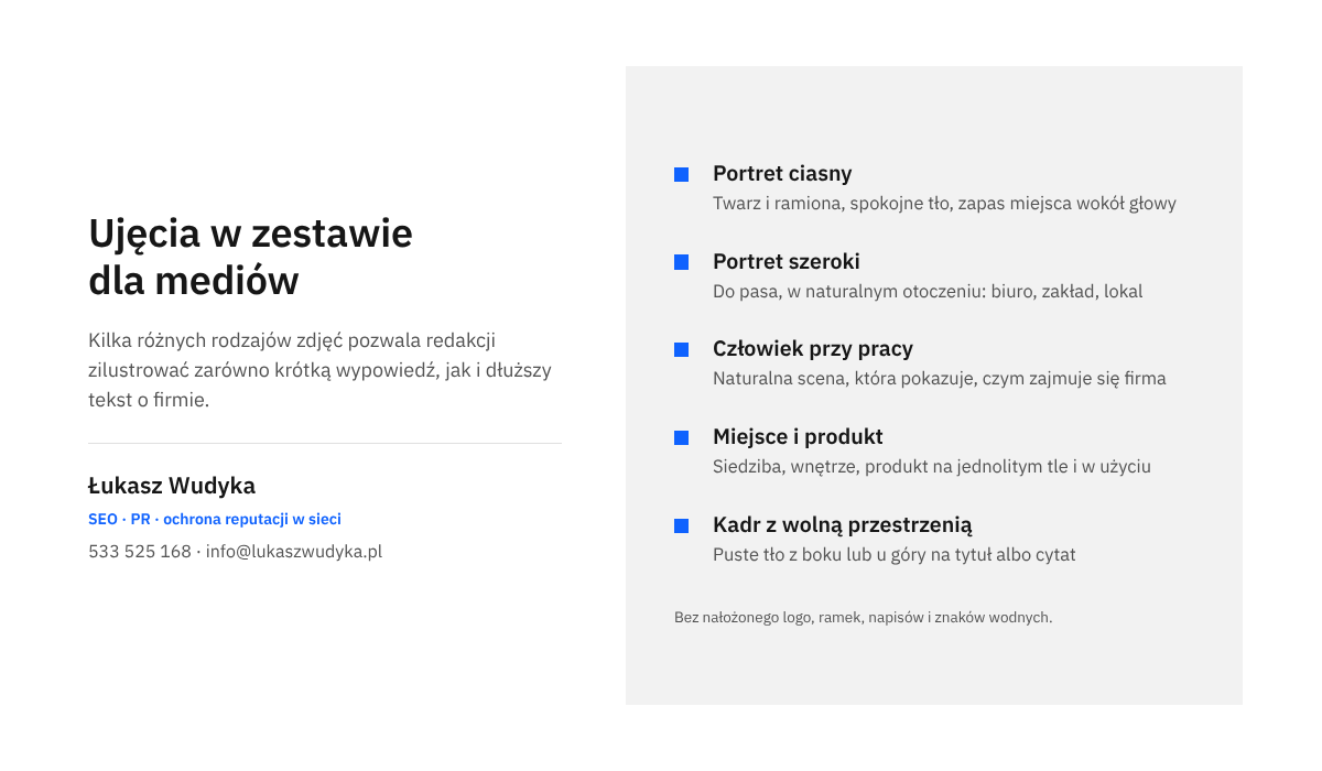 Infografika z listą pięciu rodzajów ujęć, które powinny znaleźć się w zestawie zdjęć firmy dla mediów, wraz z krótkim opisem każdego.