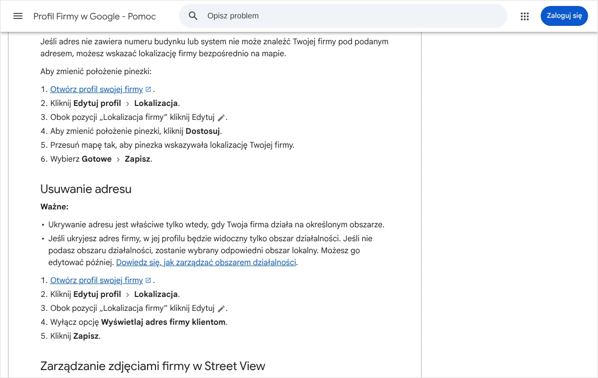 Zrzut strony pomocy Google o zarządzaniu adresem firmy: część o usuwaniu adresu z opcją wyświetlania adresu firmy klientom.