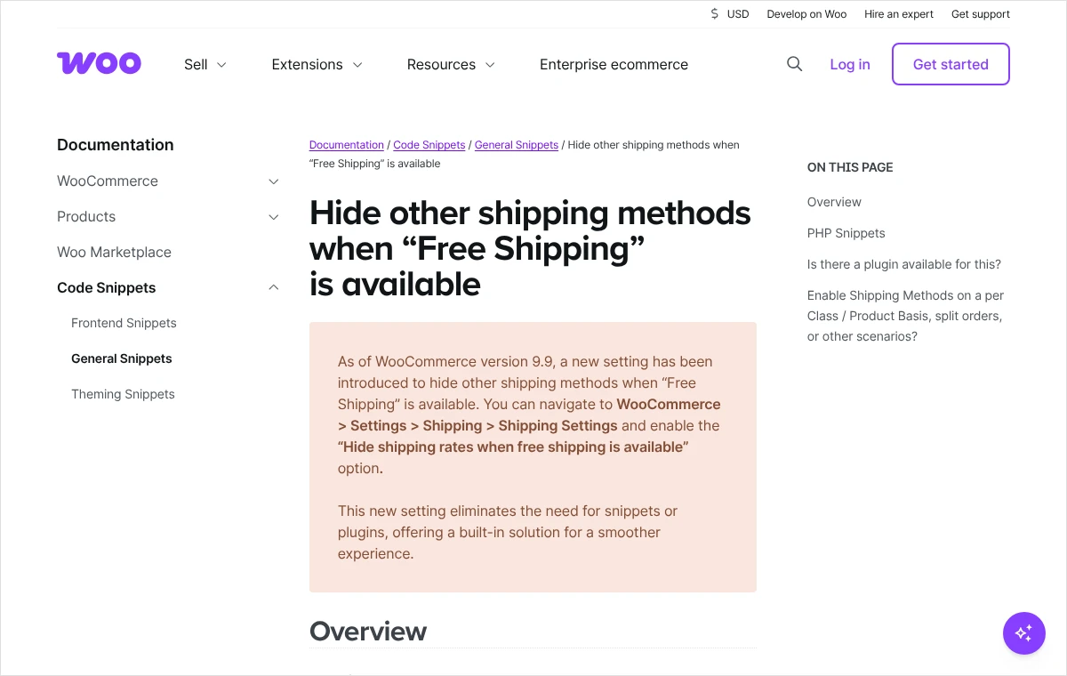 Zrzut dokumentacji WooCommerce z wyróżnioną informacją o wbudowanym ustawieniu, które ukrywa pozostałe metody, gdy dostępna jest wysyłka bez kosztów.