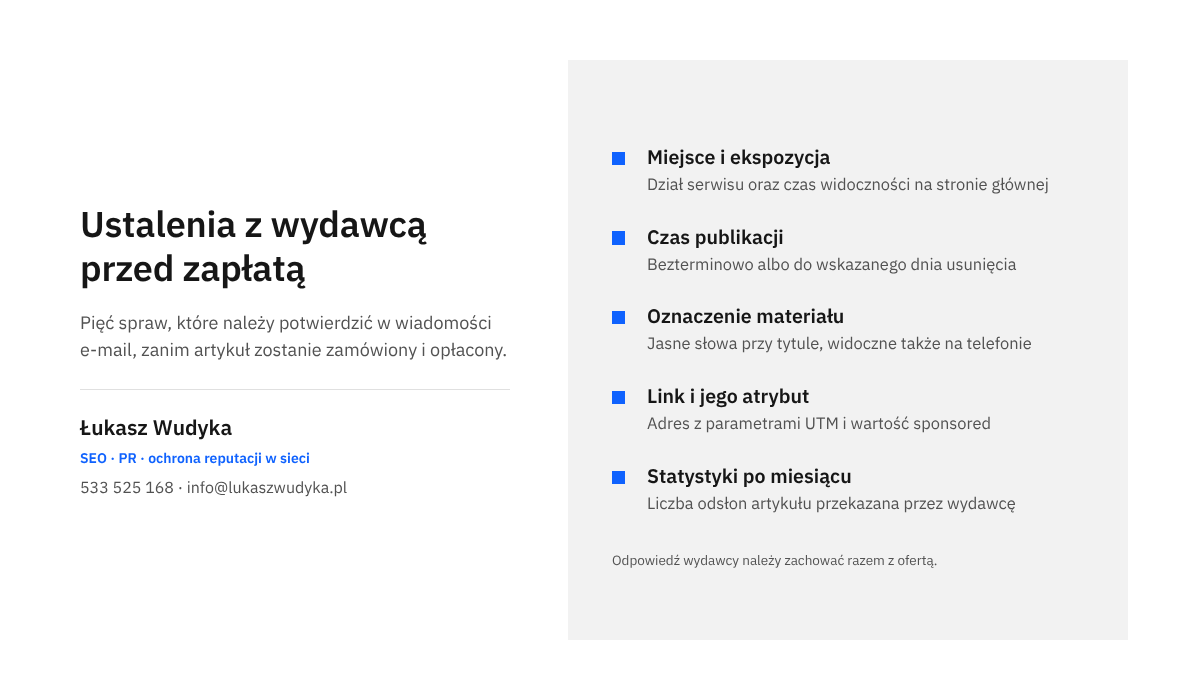 Infografika z listą pięciu ustaleń z wydawcą przed zamówieniem artykułu sponsorowanego: miejsce, czas, oznaczenie, link i statystyki