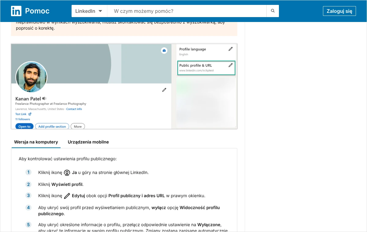 Fragment pomocy LinkedIn z zaznaczoną pozycją profilu publicznego i adresu URL oraz listą czynności prowadzących do ustawień widoczności