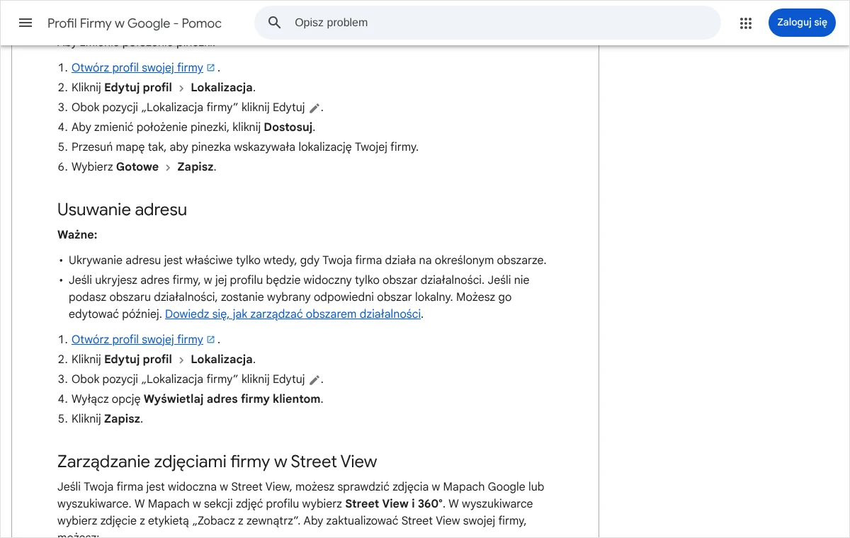 Zrzut strony pomocy Profilu Firmy w Google z częścią „Usuwanie adresu” i pięcioma krokami prowadzącymi do wyłączenia wyświetlania adresu klientom.
