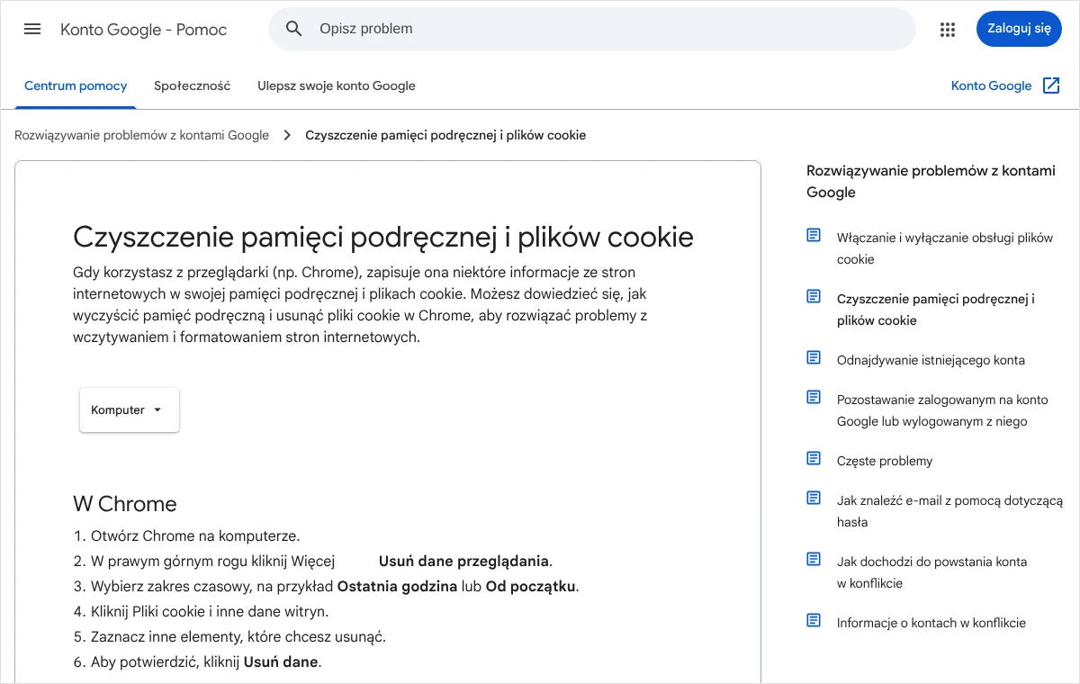 Zrzut strony pomocy Google z krokami czyszczenia pamięci podręcznej i plików cookie w przeglądarce Chrome na komputerze