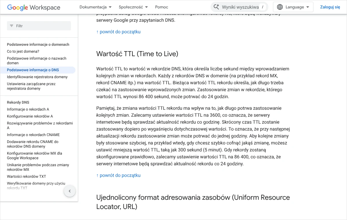 Fragment strony pomocy Google Workspace opisujący wartość TTL rekordu DNS i zalecane ustawienia w sekundach przed zmianą rekordów oraz po niej.
