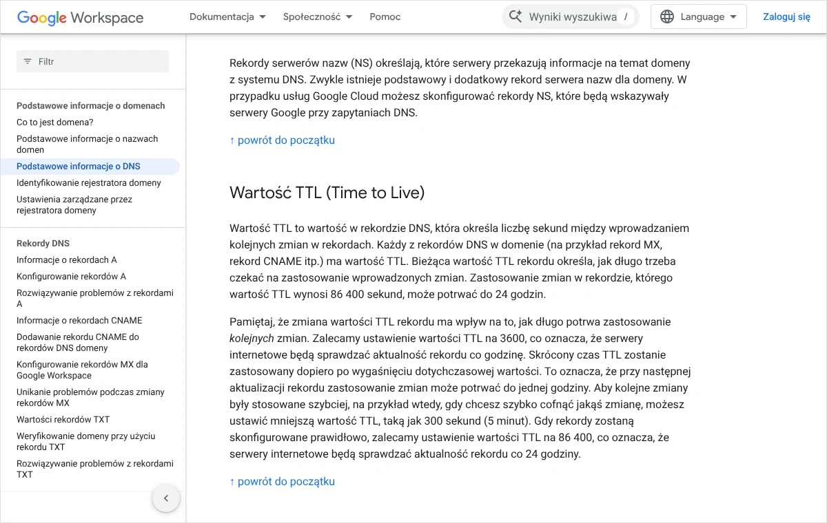 Fragment pomocy Google Workspace z sekcją o wartości TTL: definicja, zalecane wartości 3600 i 86 400 sekund oraz przykład 300 sekund