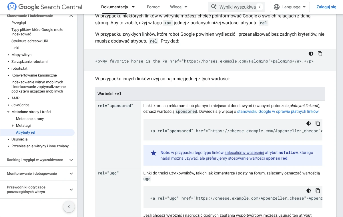 Fragment dokumentacji Google z tabelą wartości atrybutu rel: sponsored dla linków reklamowych i płatnych oraz ugc dla treści użytkowników