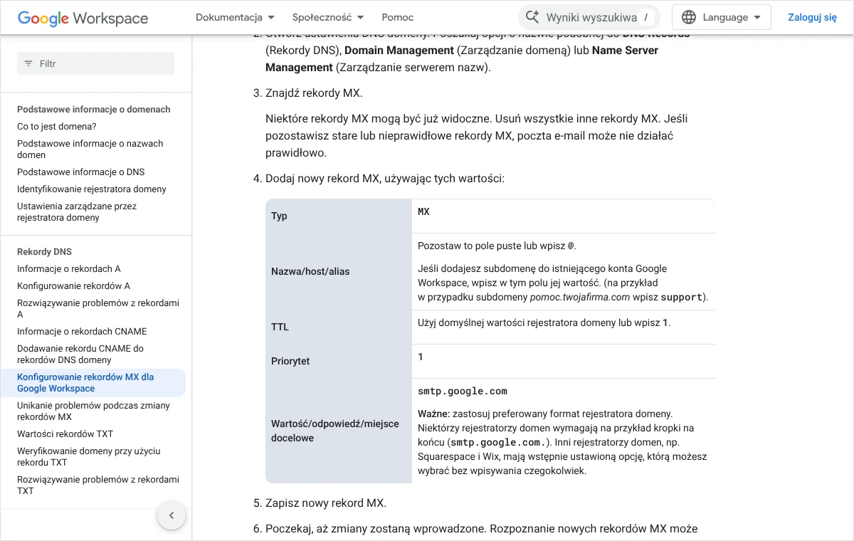 Zrzut strony pomocy Google Workspace z tabelą wartości rekordu MX: typ MX, nazwa pusta lub @, priorytet 1 i serwer smtp.google.com.