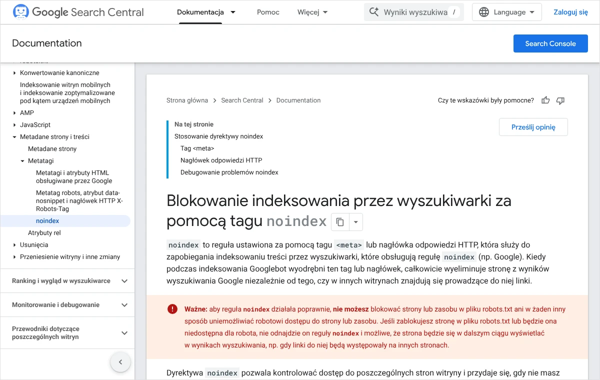 Fragment dokumentacji Google o tagu noindex z wyróżnioną uwagą, że strona z tą regułą nie może być zablokowana w pliku robots.txt