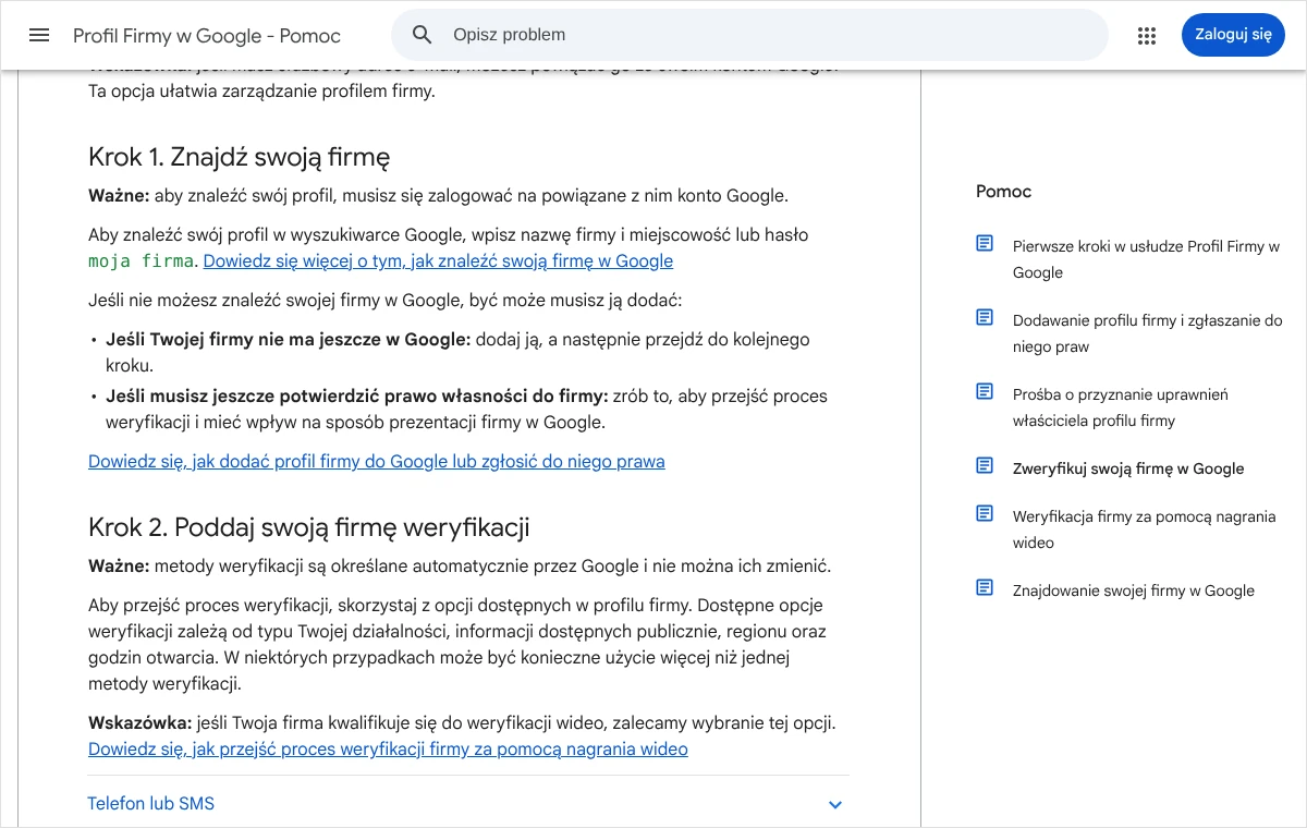 Zrzut strony pomocy Profilu Firmy w Google z krokami: znalezienie firmy i poddanie jej weryfikacji, z uwagą o automatycznym doborze metod.