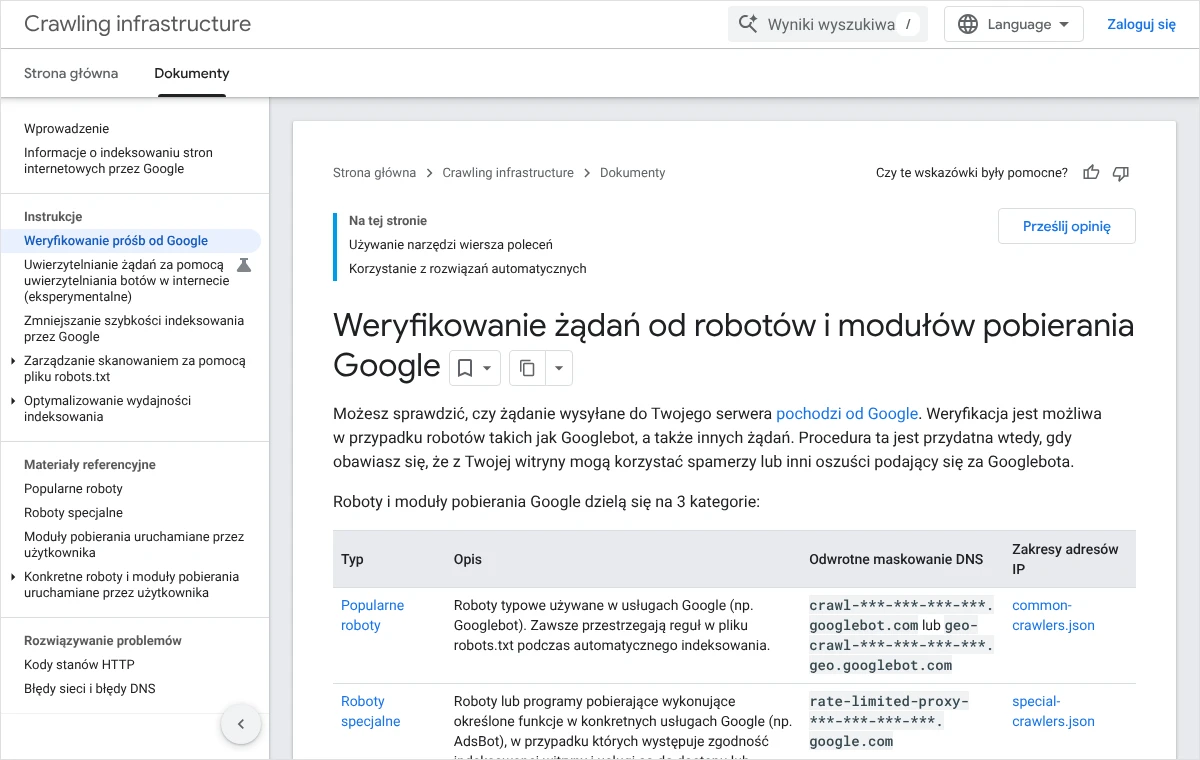 Strona dokumentacji Google o weryfikowaniu żądań od robotów z tabelą typów robotów, nazw domen i plików z zakresami adresów IP