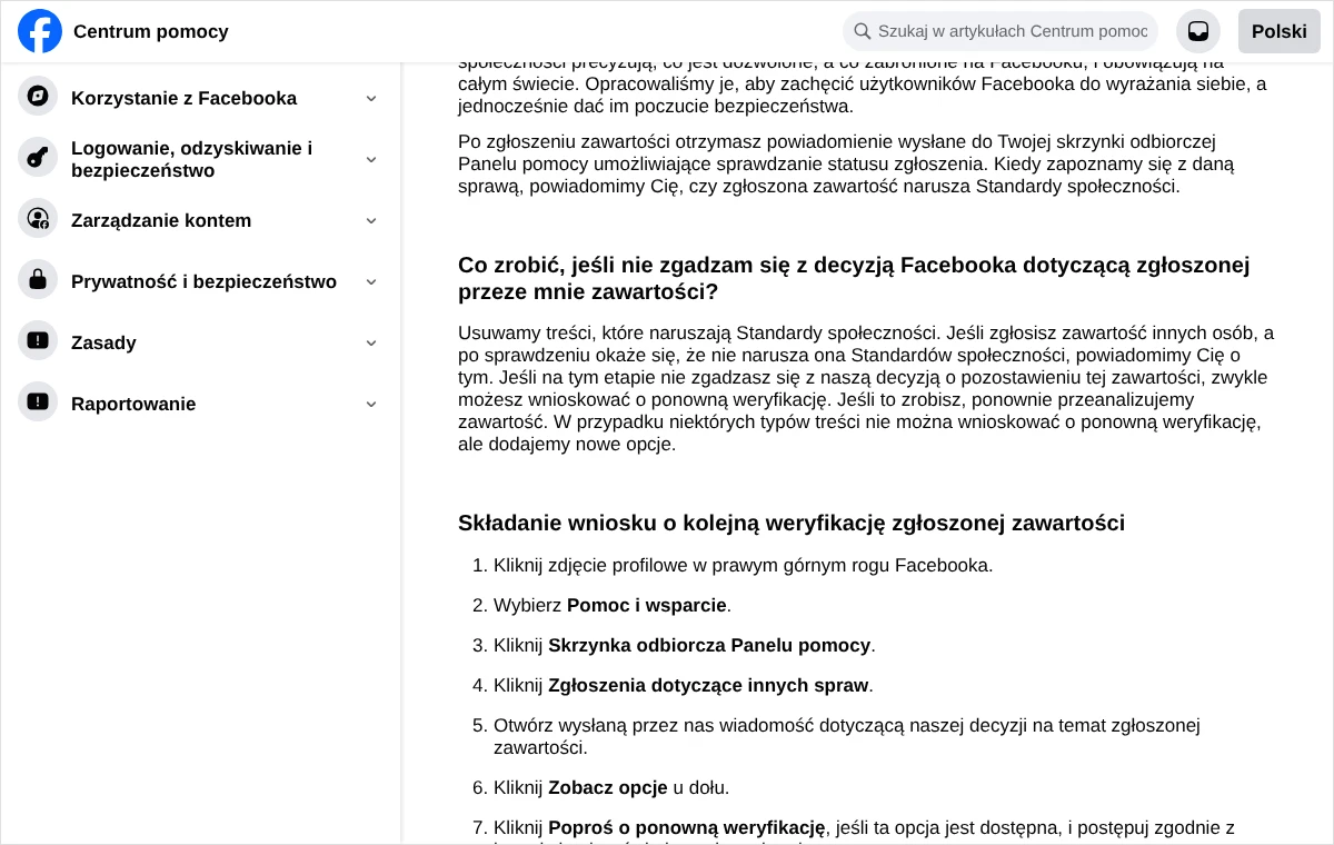 Strona Centrum pomocy Facebooka z listą czynności: zdjęcie profilowe, Pomoc i wsparcie, Skrzynka odbiorcza Panelu pomocy, Zobacz opcje, Poproś o ponowną weryfikację