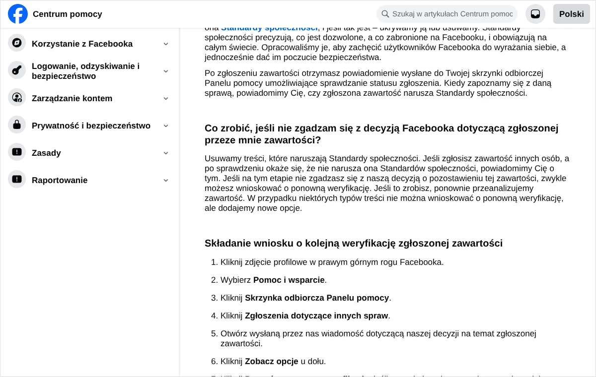 Fragment pomocy Facebooka o braku zgody z decyzją w sprawie zgłoszonej treści oraz początek kroków wniosku o kolejną weryfikację