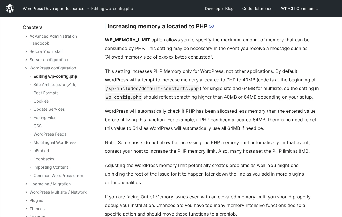 Zrzut dokumentacji WordPressa z opisem stałej WP_MEMORY_LIMIT, domyślnych wartości 40 MB i 64 MB oraz uwagą o ograniczeniach hostingu.