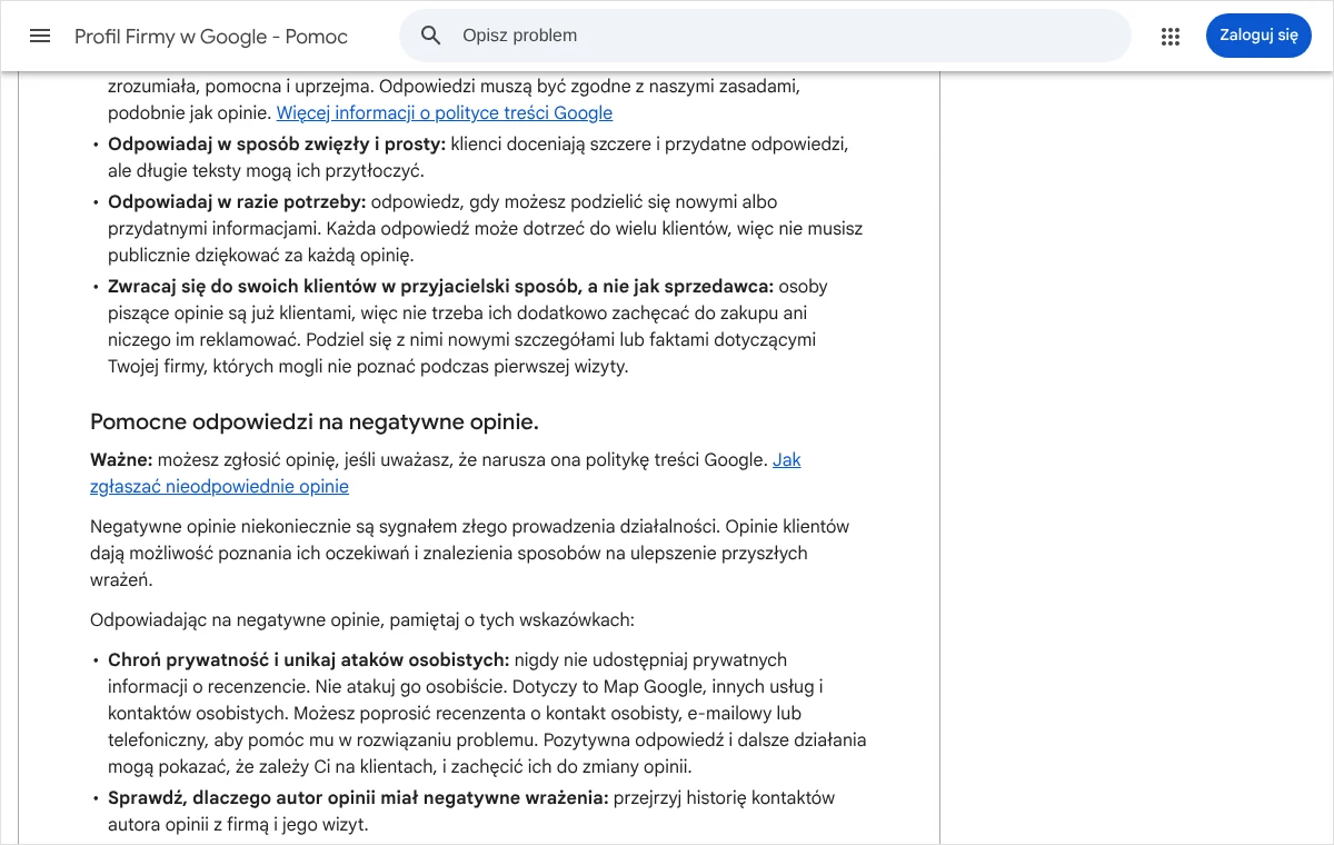 Zrzut strony pomocy Google ze wskazówkami dotyczącymi odpowiedzi na negatywne opinie, w tym o ochronie prywatności recenzenta.