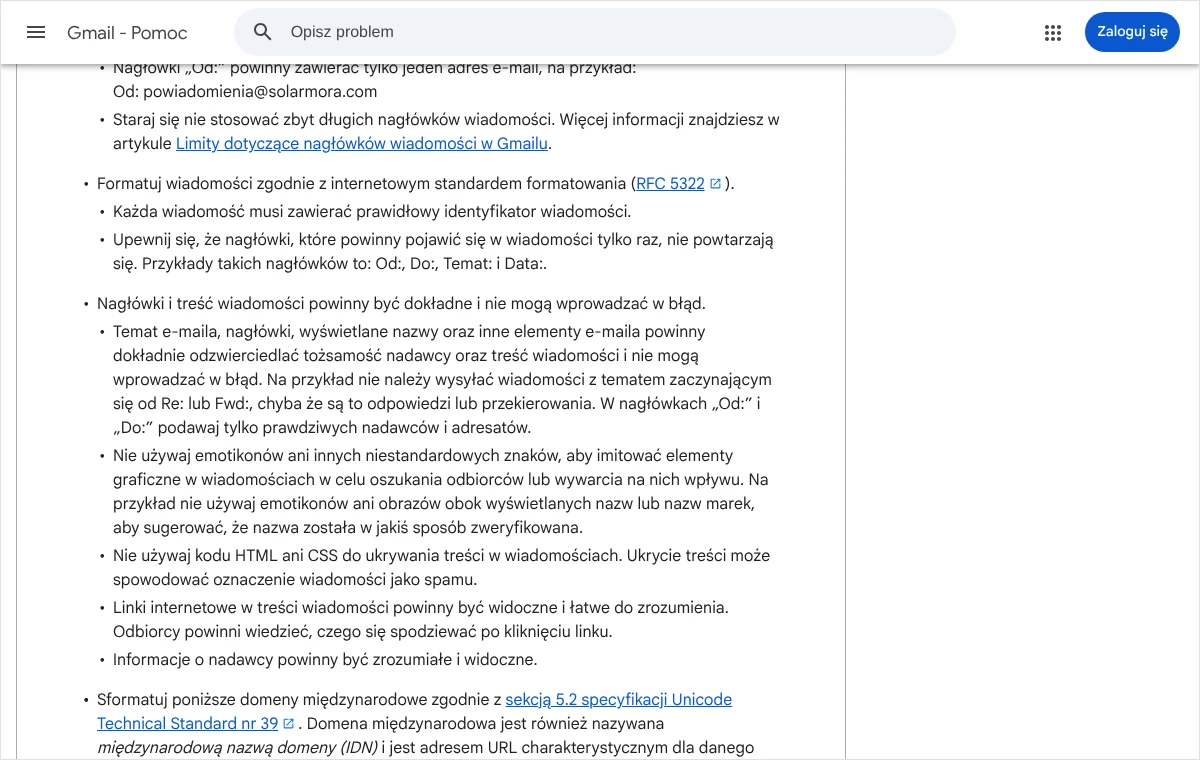 Fragment pomocy Gmaila ze wskazówkami dla nadawców: temat e-maila ma odzwierciedlać treść, bez fałszywych oznaczeń Re: i Fwd: oraz emotikonów