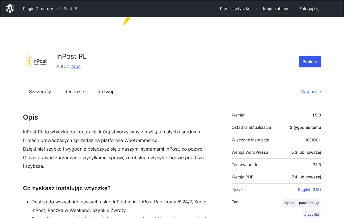 Strona wtyczki InPost PL w katalogu wtyczek WordPressa z nazwą, autorem ilabs, opisem oraz wymaganą wersją WordPressa i PHP