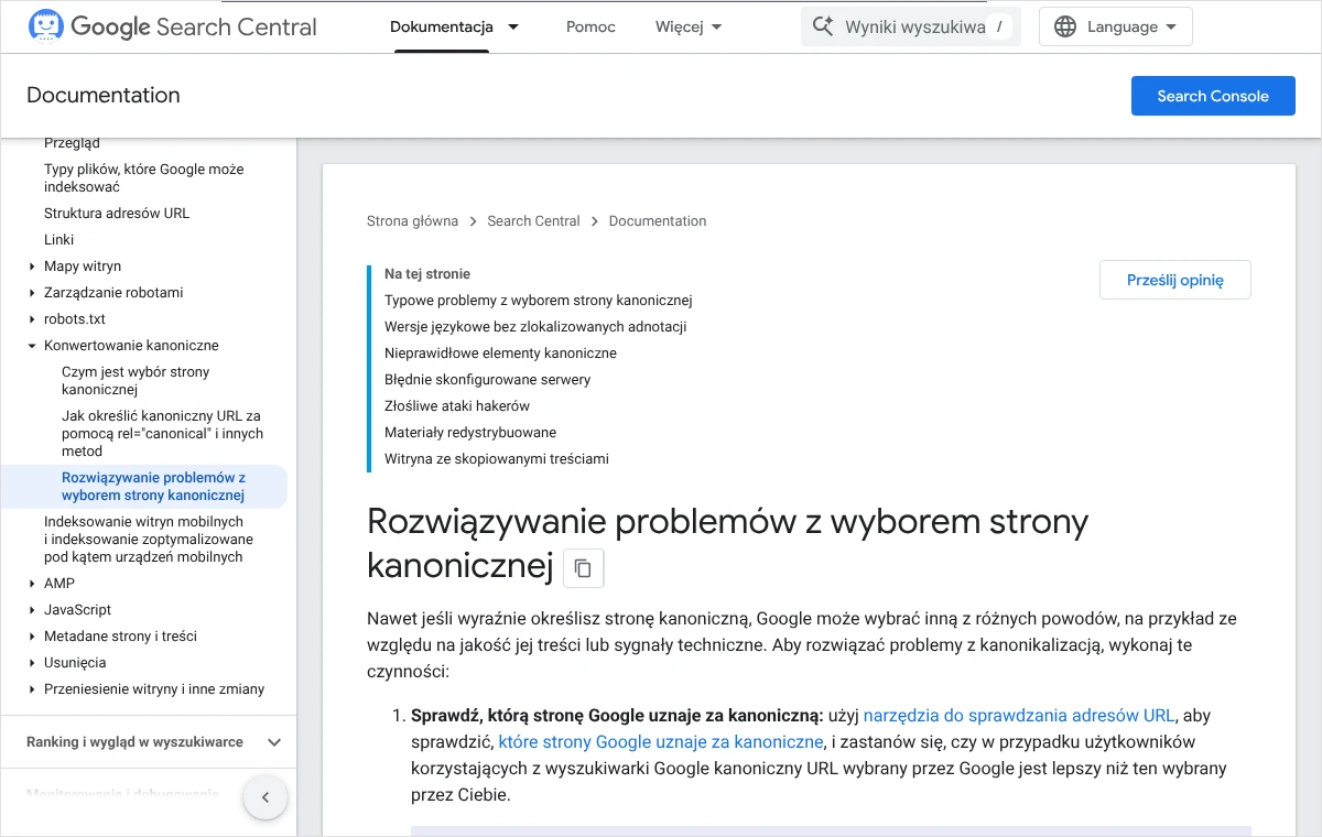 Zrzut dokumentacji Google o rozwiązywaniu problemów z wyborem strony kanonicznej: pierwszy krok to sprawdzenie adresu w narzędziu do sprawdzania adresów URL.
