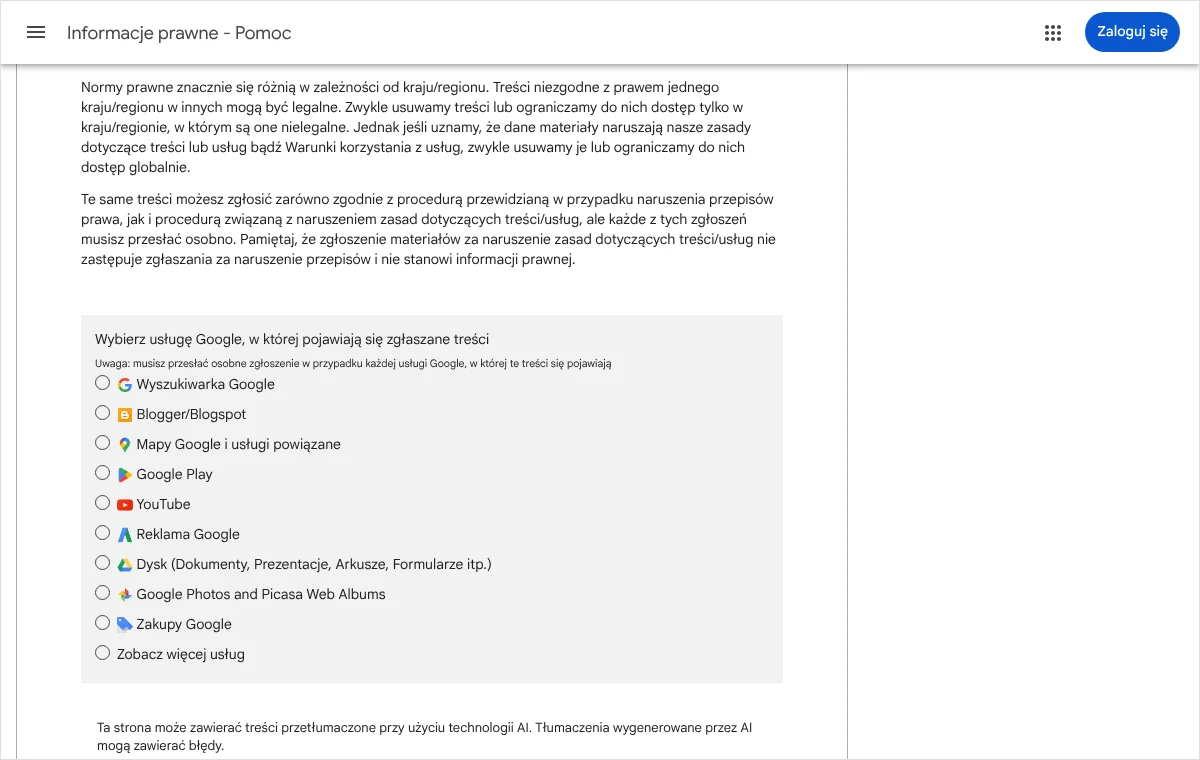 Fragment strony Zgłaszanie treści w Google z listą usług do wyboru, w tym pozycją Mapy Google i usługi powiązane, od której zaczyna się zgłoszenie opinii