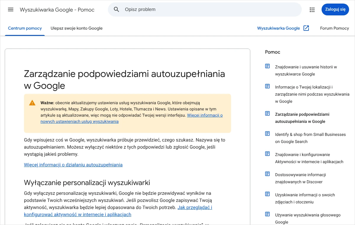 Strona pomocy Google o zarządzaniu podpowiedziami autouzupełniania z początkiem sekcji o wyłączaniu personalizacji wyszukiwarki na komputerze