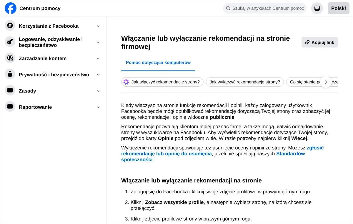 Zrzut artykułu Centrum pomocy Facebooka o włączaniu lub wyłączaniu rekomendacji na stronie firmowej z opisem skutków wyłączenia.