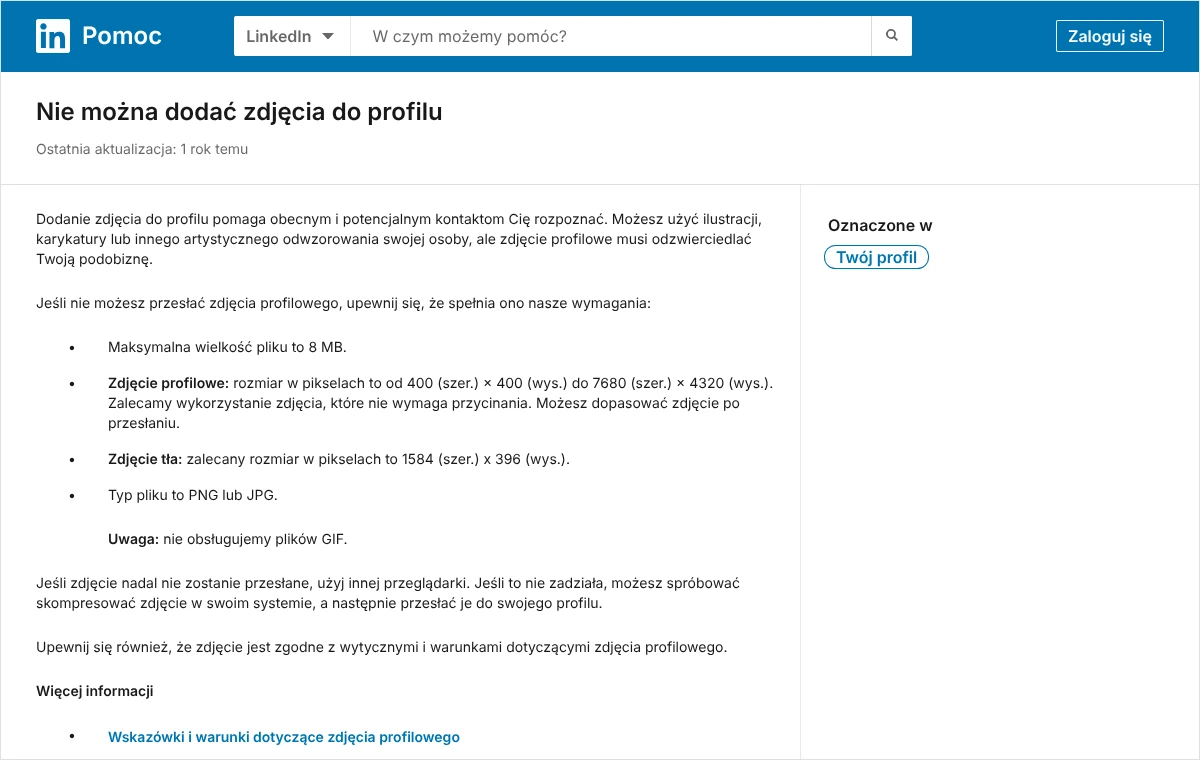 Strona pomocy LinkedIn z wymaganiami dla zdjęć: wielkość pliku do 8 MB, wymiary zdjęcia profilowego, zalecany rozmiar zdjęcia tła oraz formaty PNG i JPG